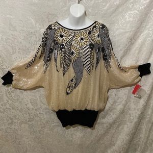 Vintage pure silk Hand sewn sequins, beaded blouse